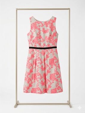 LOFT Cream Dress with Neon Pink Floral Jacquard and Black Belt